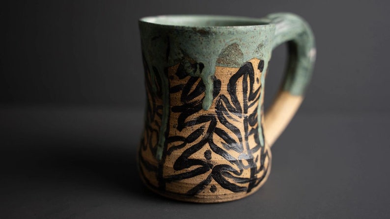 Handmade Ceramic Mug Tropical Green Monstera Plant Theme Drip Glaze image 6
