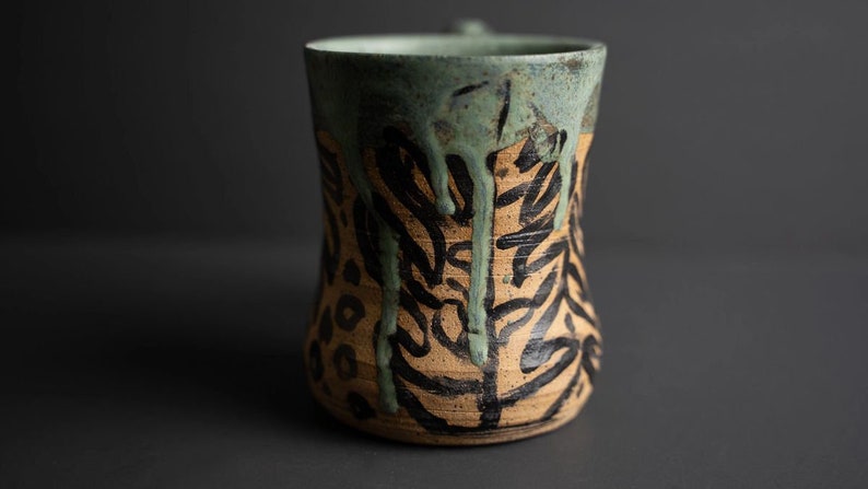 Handmade Ceramic Mug Tropical Green Monstera Plant Theme Drip Glaze image 5