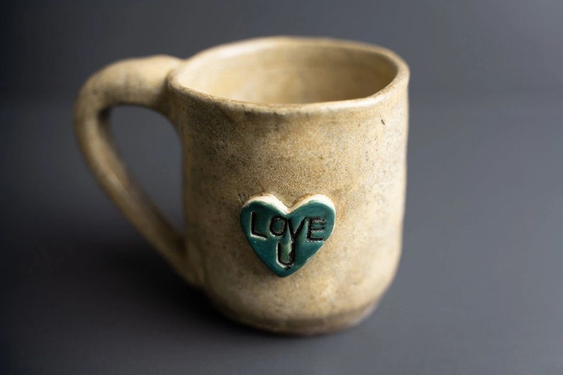 Handmade Ceramic Mug Blue and Green Heart, I Love You Mug image 2