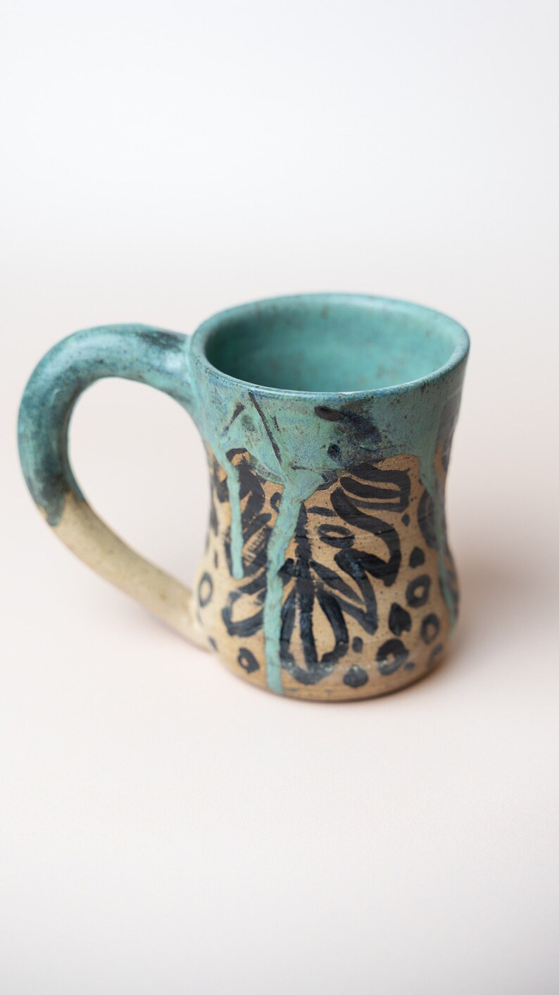 Handmade Ceramic Mug Tropical Green Monstera Plant Theme Drip Glaze image 1