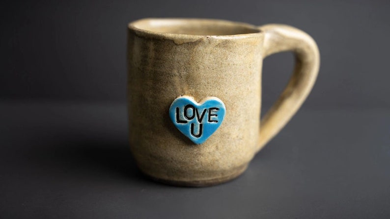 Handmade Ceramic Mug Blue and Green Heart, I Love You Mug image 5