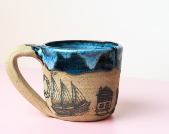 Handmade Nautical Blue Mug - Tea mug - Teastring Holder - Ceramic Mug - Coffee mug - Blue Water - Pirate Ship and Lighthouse mug