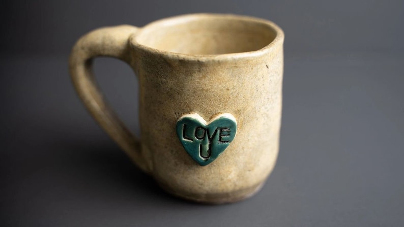 Handmade Ceramic Mug Blue and Green Heart, I Love You Mug image 10