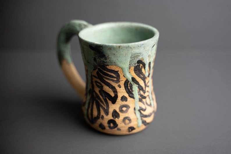 Handmade Ceramic Mug Tropical Green Monstera Plant Theme Drip Glaze image 2