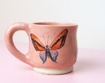 Handmade Ceramic Coffee Mug - Pink Butterfly