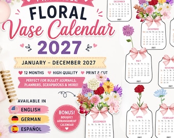 2027 Printable Floral Vase Calendar | Print & Cut | Watercolor Flower Bouquet Calendar | PNG, PDF, JPG | English, German, Español Calendar