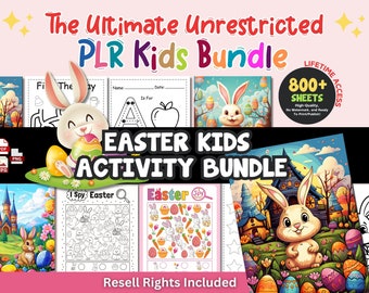 May include: A colorful digital download bundle of Easter-themed kids' activity sheets. The bundle includes over 800 printable sheets with activities like coloring, mazes, and word searches. The image features a cartoon bunny rabbit and Easter eggs.