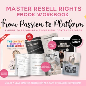 Puede incluir: Colección de libros de trabajo y guías digitales para creadores de contenido. La imagen presenta el texto "Master Resell Rights Ebook Workbook" y "from Passion to Platform". Incluye una guía de viaje de 30 días, hojas de trabajo y una oferta de membresía especial. El diseño es sobre fondo rosa.