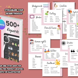 May include: A Canva Elements book with the text "500+ Keywords" and "Your one-stop shop for finding the perfect graphic, photo, or illustration". The book cover features a magnifying glass over a computer screen showing a variety of design elements. The book is divided into sections with different categories of design elements, such as backgrounds, borders, celestial, fantasy, flora & fauna, human rights, outdoor, kawaii, paintbrush, shadow, social, quotes, and science.