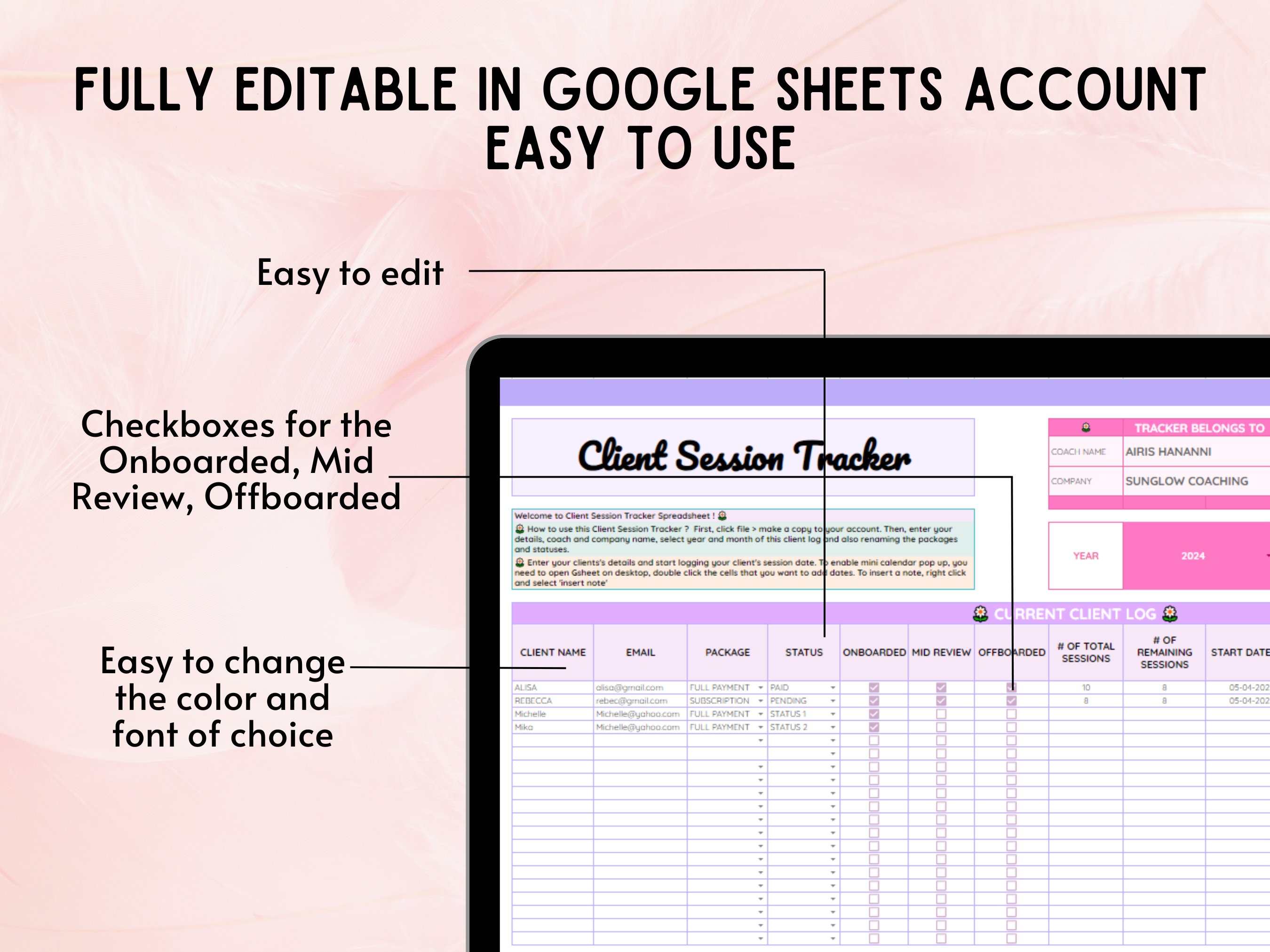 Client Session Tracker Google Spreadsheet for Coaches, Coaching Tracker ...