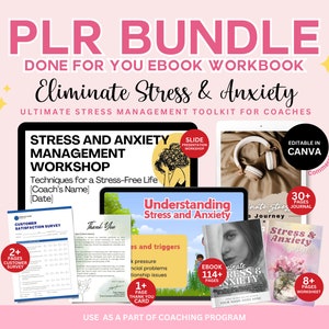 Może przedstawiać: Różowo-biały pakiet produktów cyfrowych dla coachów zatytułowany "PLR Bundle: Gotowy ebook i zeszyt ćwiczeń Eliminacja stresu i lęku". Pakiet zawiera warsztat, ankietę satysfakcji klienta, kartę podziękowania, ebooka, dziennik i arkusz ćwiczeń. Tekst "Ultimate Stress Management Toolkit for Coaches" jest również zawarty.