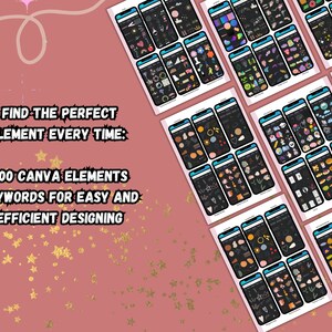 May include: A collection of 500 Canva elements organized by keywords for easy and efficient designing. The image shows a grid of screenshots of the Canva app, each with a different set of elements.