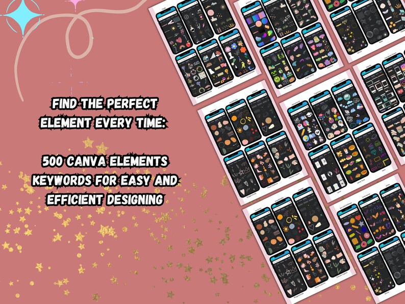 May include: A collection of 500 Canva elements organized by keywords for easy and efficient designing. The image shows a grid of screenshots of the Canva app, each with a different set of elements.