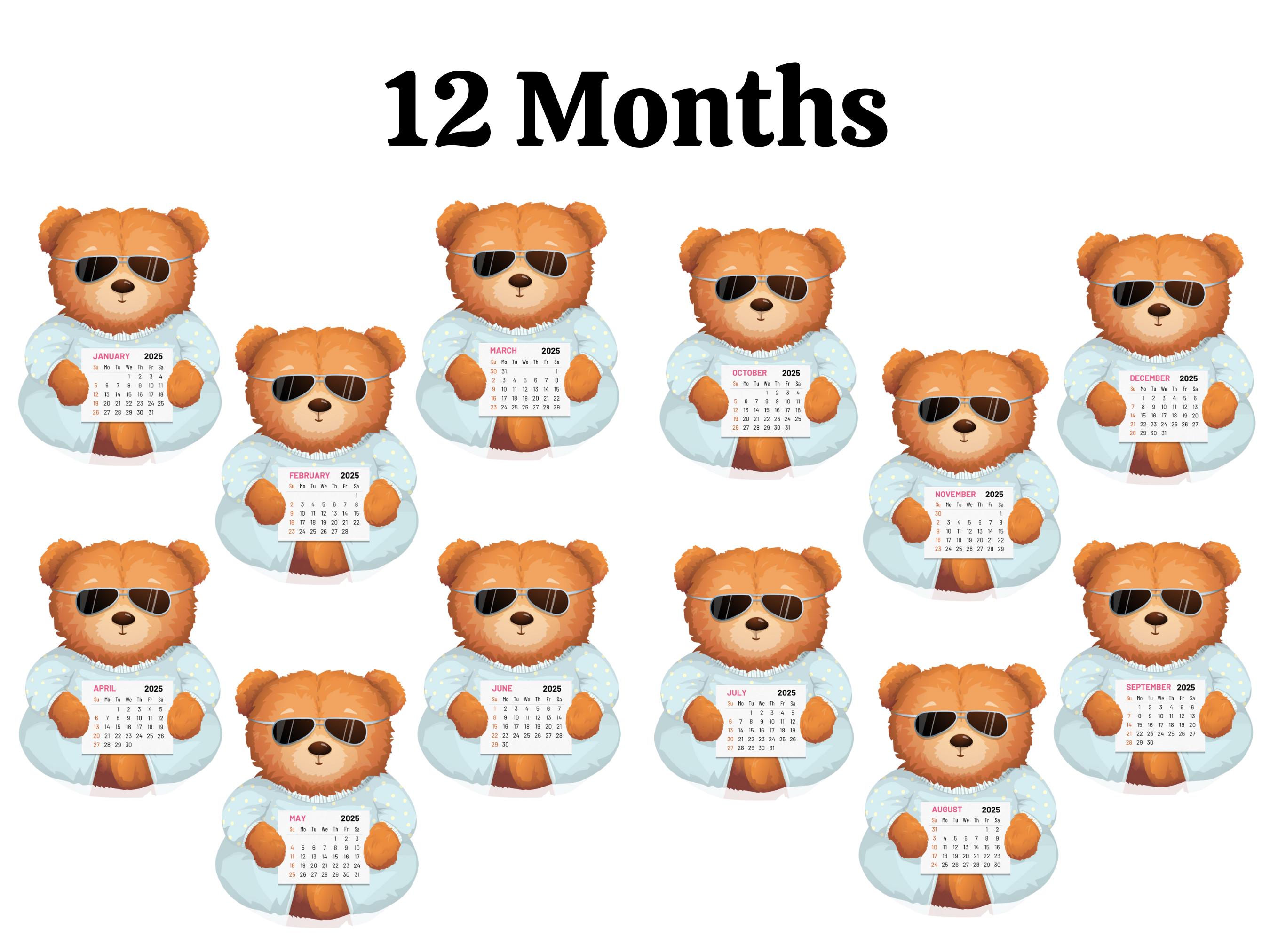 2025 Teddy Desk Calendar, Printable Calendar, Desk Calendar, PNG for