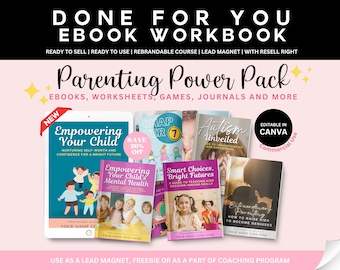 PLR Done For You Parenting Power Pack Bundle Ebook Workbook, Counselor Toolkit, Journal Prompts, Coaching Worksheet, Editable Canva Template