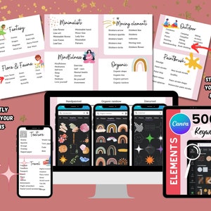 May include: A computer screen displaying a Canva design with a variety of graphic elements, including hand-painted textures, organic shapes, and rainbow designs. The screen is surrounded by smaller cards with keywords and categories for different design elements, such as "Fantasy", "Minimalists", "Mindfulness", "Organic", "Outdoor", and "Paintbrush". The text "500+ Keywords" is displayed on a pink and white card.