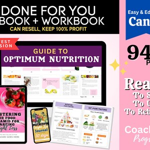 May include: A pink and white digital mockup of an ebook and workbook titled "Guide to Optimum Nutrition". The ebook cover features a food pyramid and the workbook cover features a nutrition journal. The text "94+ Pages" is displayed in a pink and white box. The text "Ready To Sell To Use To Rebrand Coaching Program" is displayed in a pink and white box.
