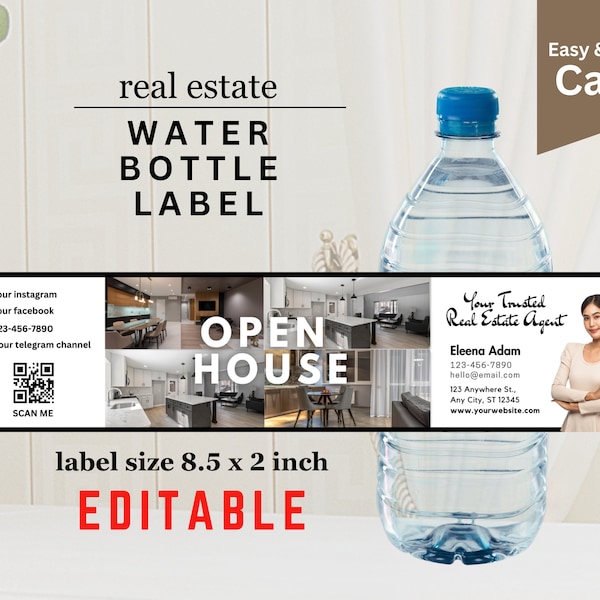 Open House Water Bottle Label Template Done For You, Open House Bottle Tag, Real Estate, Realtor Water Bottle Label, Canva Editable Template