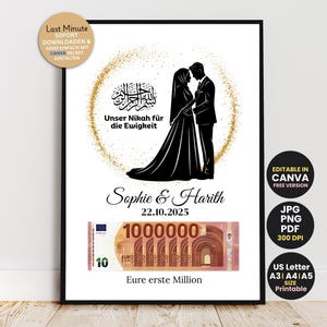 May include: Black and white framed print featuring a silhouette of a couple, with text in German and Arabic script. Includes the names Sophie & Harith, date 22.10.2025, and a graphic of a 1,000,000 Euro bill.