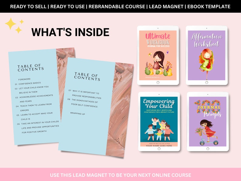 "Editable ebook workbook bundle for confident young minds! Customize with Canva for a personalized touch. Perfect for parents, educators, and coaches. Sell and rebrand to elevate your offerings. #EmpowerKids #EditableBundle"