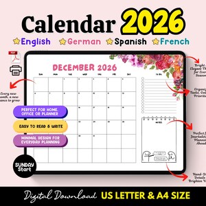Peut inclure: Calendrier numérique pour décembre 2026, avec un design floral et un espace pour les notes. Le calendrier est conçu pour une utilisation à domicile ou au bureau, avec un design minimaliste pour la planification quotidienne. Formats US Letter et A4.