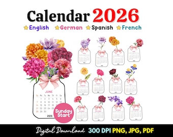 Blumenkalender 2026 – Englisch | Deutsch | Spanisch | Französisch | Digitaler Download