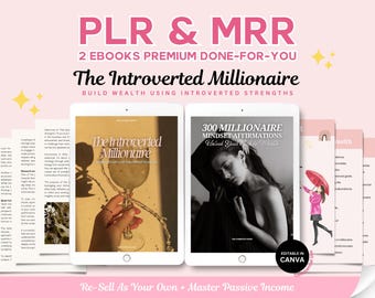 May include: Two digital ebooks with the title "The Introverted Millionaire" and "300 Millionaire Mindset Affirmations". The ebooks are displayed on a pink background with the text "PLR & MRR 2 Ebooks Premium Done-For-You" and "Build Wealth Using Introverted Strengths".