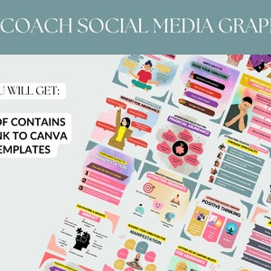 Puede incluir: Una colecci&oacute;n de 16 gr&aacute;ficos coloridos de redes sociales para entrenadores de vida. Los gr&aacute;ficos presentan ilustraciones de personas meditando, afirmaciones y citas motivacionales. El texto incluye frases como "Eleva tu vibraci&oacute;n", "Atrae la abundancia" y "Manifestaci&oacute;n".