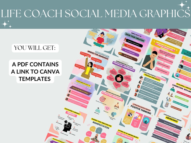 Puede incluir: Una colecci&oacute;n de 16 gr&aacute;ficos coloridos de redes sociales para entrenadores de vida. Los gr&aacute;ficos presentan ilustraciones de personas meditando, afirmaciones y citas motivacionales. El texto incluye frases como "Eleva tu vibraci&oacute;n", "Atrae la abundancia" y "Manifestaci&oacute;n".