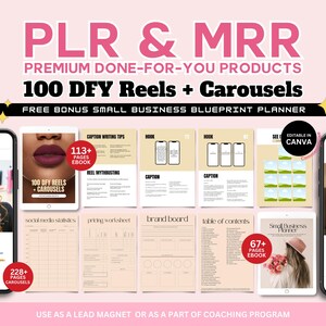May include: A pink and white graphic with the text "PLR & MRR" and "100 DFY Reels + Carousels". The graphic also includes the text "Premium Done-For-You Products" and "Free Bonus Small Business Blueprint Planner". The graphic shows a variety of digital products, including a 113-page ebook, a 67-page ebook, and a 228-page carousel.