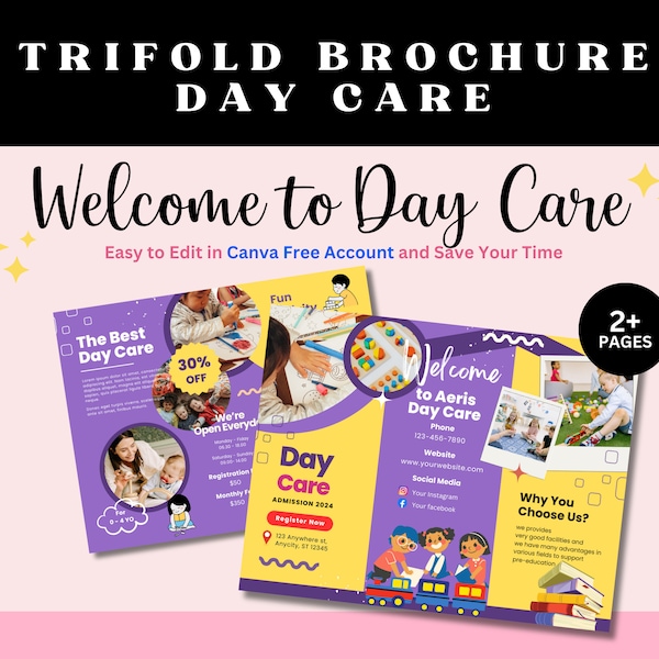 Editable Day care Brochure Template Canva, Preschool Brochure, Babysitting, Printable Brochure, Childcare Template, Nursery Kindergarten