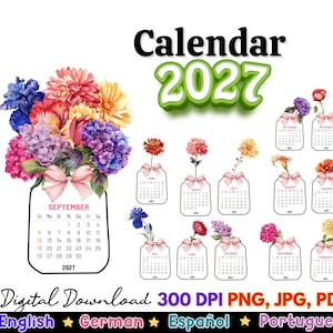 2027 Flower Vase Calendar, Printable Desk Calendar, JPG PNG PDF for Cutting Machine, German Flower Calendar, Español, Português, English
