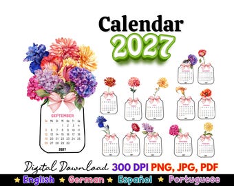 2027 Flower Vase Calendar, Printable Desk Calendar, JPG PNG PDF for Cutting Machine, German Flower Calendar, Español, Português, English