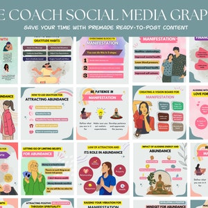 Puede incluir: Una colecci&oacute;n de 16 gr&aacute;ficos coloridos para redes sociales para entrenadores de vida. Los gr&aacute;ficos presentan ilustraciones de personas meditando, practicando la gratitud y creando tableros de visi&oacute;n. Los gr&aacute;ficos incluyen texto como "Crecimiento espiritual", "Manifestaci&oacute;n", "Abundancia financiera" y "Ten paciencia en la manifestaci&oacute;n".
