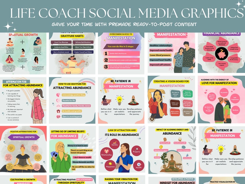 Puede incluir: Una colecci&oacute;n de 16 gr&aacute;ficos coloridos para redes sociales para entrenadores de vida. Los gr&aacute;ficos presentan ilustraciones de personas meditando, practicando la gratitud y creando tableros de visi&oacute;n. Los gr&aacute;ficos incluyen texto como "Crecimiento espiritual", "Manifestaci&oacute;n", "Abundancia financiera" y "Ten paciencia en la manifestaci&oacute;n".