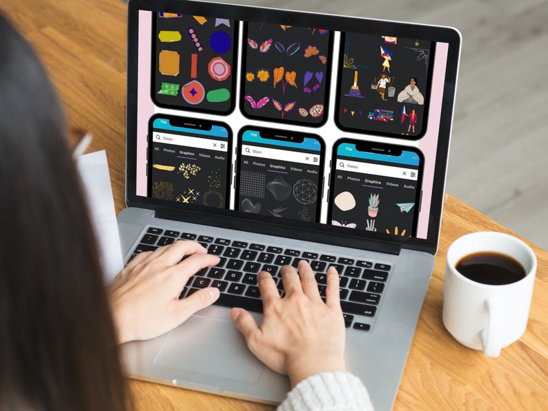 May include: A person is using a laptop computer to browse through a collection of digital graphics and stickers. The laptop screen displays a variety of colorful and whimsical designs, including flowers, geometric shapes, and cartoon characters. The person's hands are visible on the keyboard, indicating that they are actively searching for the perfect graphic.