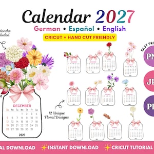Könnte beinhalten: Ein Kalender-Set für 2027 mit 12 einzigartigen Blumendesigns in Einmachglasform mit rosa Schleifen. Der digitale Download enthält deutsche, spanische und englische Textoptionen, ist für Cricut geeignet und in den Formaten PNG, JPG und PDF verfügbar.