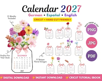 May include: A 2027 calendar set featuring 12 unique floral designs in mason jar shapes with pink bows. The digital download includes German, Spanish, and English text options, compatible with Cricut and hand cutting, provided in PNG, JPG, and PDF formats.