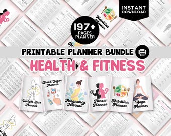 May include: Printable planner bundle for health and fitness. The bundle includes planners for weight loss, blood sugar, pregnancy, fitness, nutrition, and yoga. Each planner features a colorful illustration of a woman.