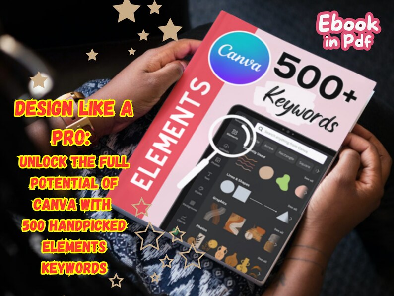 May include: A person holding a pink and white ebook with the title "Canva 500+ Keywords" and the text "Ebook in Pdf" in the top right corner. The ebook cover features a magnifying glass over a Canva screen showing various design elements.