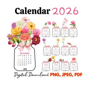 2026 Floral Desk Calendar, Printable Calendar, Desk Calendar,PNG JPEG for Cutting Machine, Flower Vase Calendar 2026, PNG for Cricut,Digital