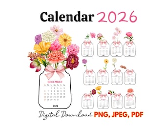 2026年花柄デスクカレンダー、印刷可能なカレンダー、デスクカレンダー、カッティングマシン用PNG JPEG、花瓶カレンダー2026、クリカット用PNG、デジタル