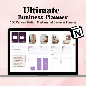 May include: A laptop computer displaying a Notion workspace with a business planner template. The template includes sections for daily tasks, weekly tasks, customer information, product information, and yearly business income. The screen also displays a quote about silence and preparation.