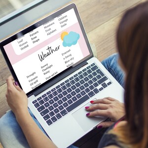 May include: A laptop computer screen displaying a list of weather-related terms, including "Snowy", "Flashlight", "Rainy", "First aid kit", "Evacuate", "Smog", "Blue sky", and "Windy". The screen also shows a cartoon image of a sun and a cloud.