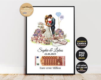 Lastminute huwelijksgeldcadeau afdrukbare Eure erste Million, bewerkbare canvassjabloon, gepersonaliseerd huwelijkscadeau pdf, png Instant download
