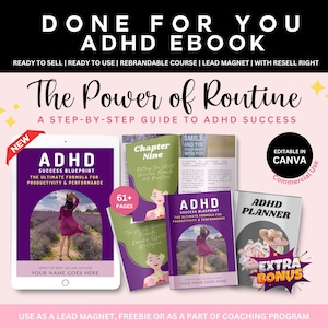 Done For You ADHD Success Blueprint Ebook, Plr Planner ADHD, PLR ebook, Counselor Toolkit, Editable Canva Template,Adhd Therapist,Life Coach
