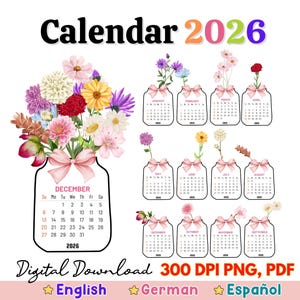 2026 Flower Vase Calendar, Printable Calendar, Desk Calendar, PNG PDF for Cutting Machine, German Flower Calendar, Español Flower Calendar