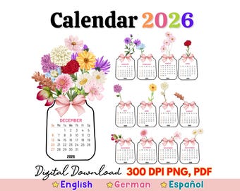 2026 Blumenvasenkalender, druckbarer Kalender, Tischkalender, PNG PDF für Schneidemaschine, deutscher Blumenkalender, spanischer Blumenkalender