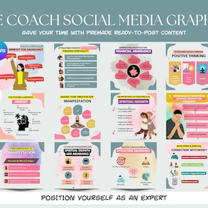 Puede incluir: Un conjunto de 10 gr&aacute;ficos coloridos de redes sociales para entrenadores de vida. Cada gr&aacute;fico presenta un tema diferente relacionado con el crecimiento personal, como la mentalidad, la manifestaci&oacute;n y el crecimiento espiritual. Los gr&aacute;ficos son totalmente editables y se pueden usar para crear contenido atractivo para las redes sociales.