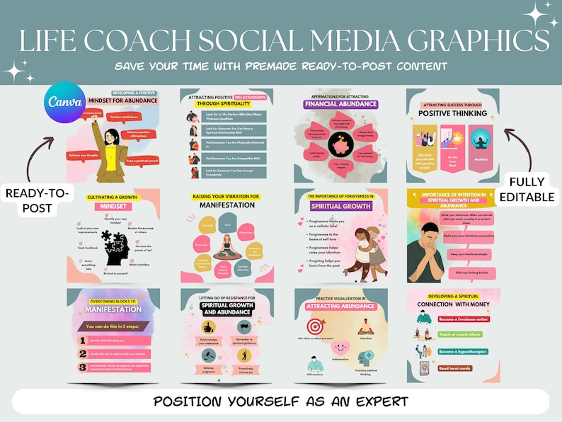 Puede incluir: Un conjunto de 10 gr&aacute;ficos coloridos de redes sociales para entrenadores de vida. Cada gr&aacute;fico presenta un tema diferente relacionado con el crecimiento personal, como la mentalidad, la manifestaci&oacute;n y el crecimiento espiritual. Los gr&aacute;ficos son totalmente editables y se pueden usar para crear contenido atractivo para las redes sociales.